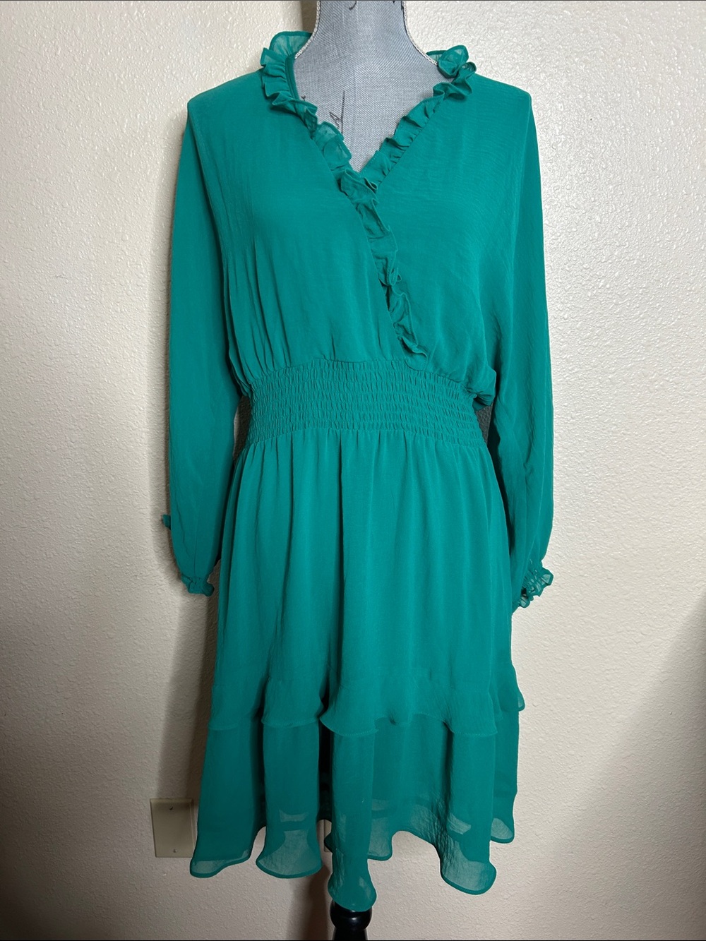 Emma & Michele Teal Ruffle V-Neck Long Sleeve Dress
